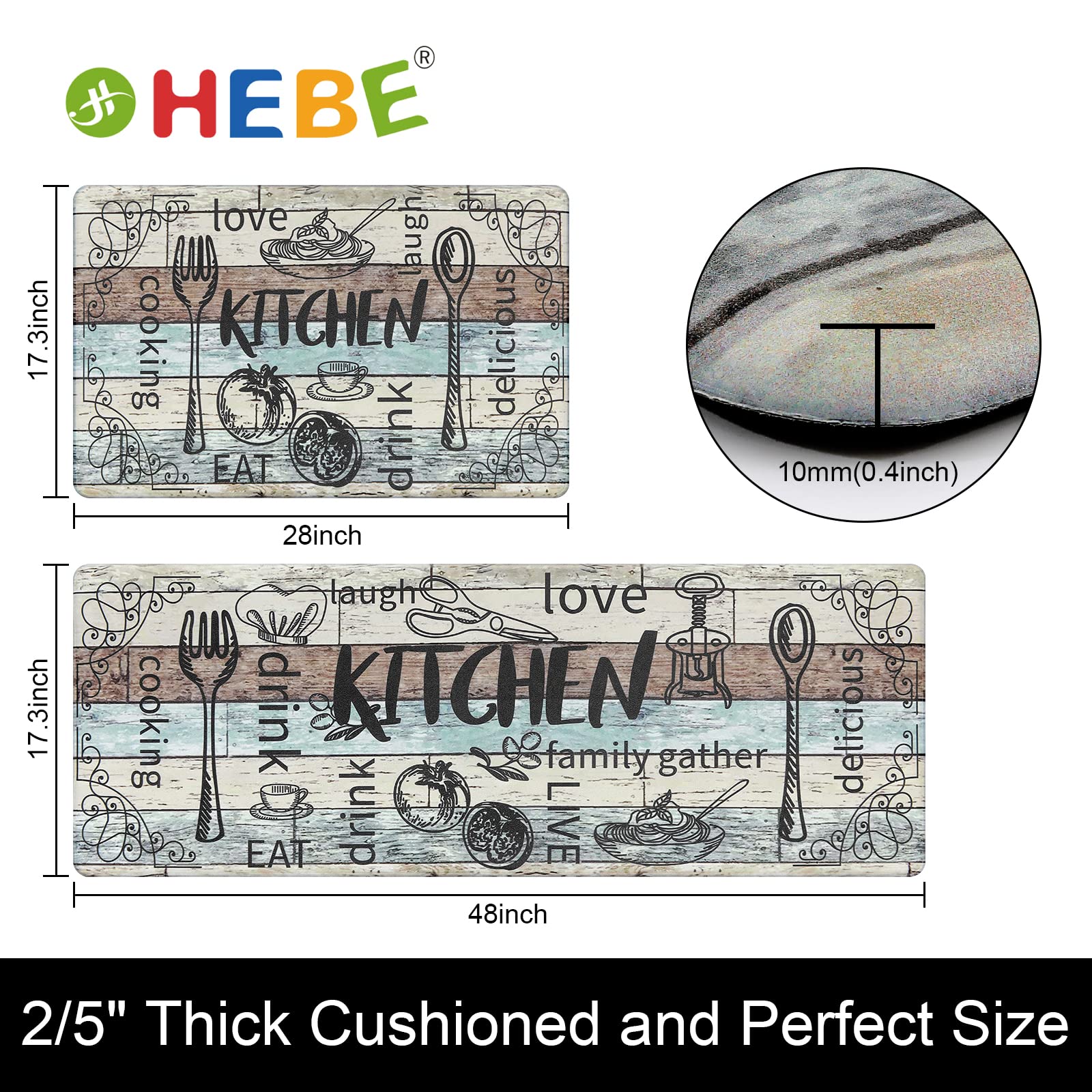 HEBE Anti Fatigue Kitchen Rugs Set of 2 Non Slip Cushioned Kitchen Mats for Floor PVC Waterproof Kitchen Rugs and Mats Set Kitchen Carpet Rug Runner for Sink Laundry Standing